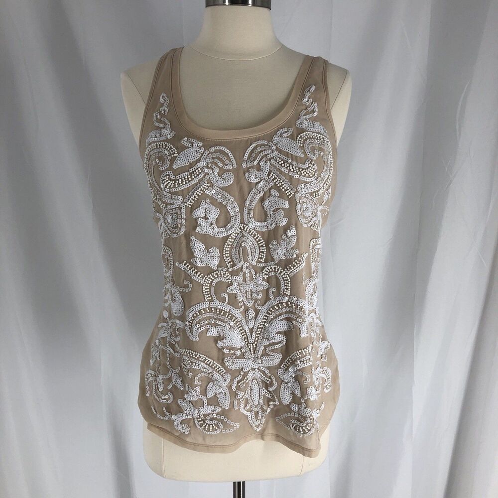 EXPRESS Sequin Tank Top Sz Small Embellished Knit Beige